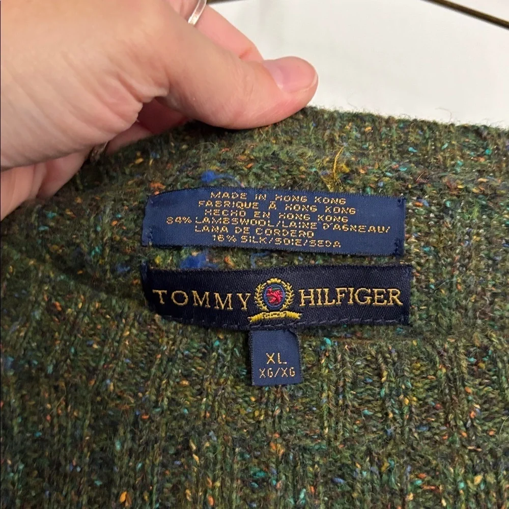 Vintage 1990s Tommy Hilfiger Olive and Light Blue Striped Lambs Wool Sweater